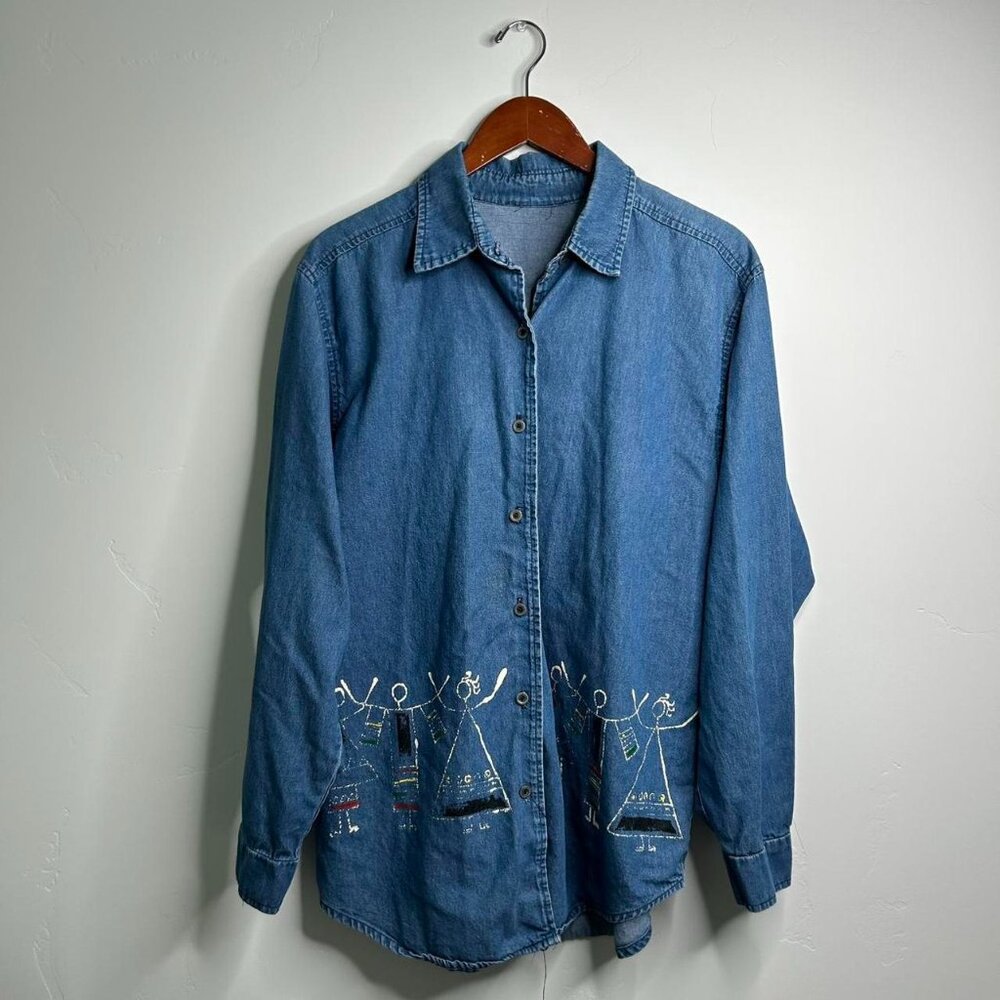 Blue denim shirt with tribal design about a size large